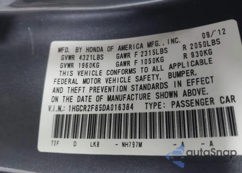 2013 Honda Accord Ex-L from USA, damaged, VIN 1HGCR2F85DA016384